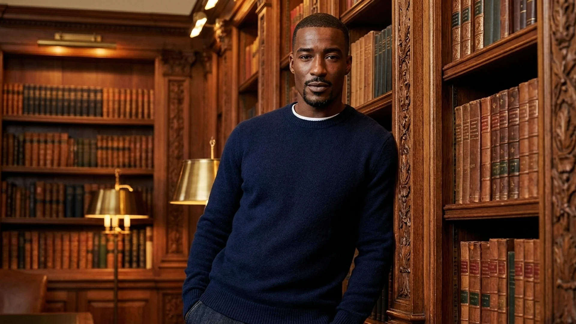 Man in navy cashmere sweater in an elegant library